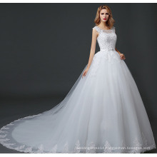 Q018 In Stock Wedding Apparel Illusion Neckline Lace Hem Floor Length A-line Sleeveless Bridal Dress in Karachi